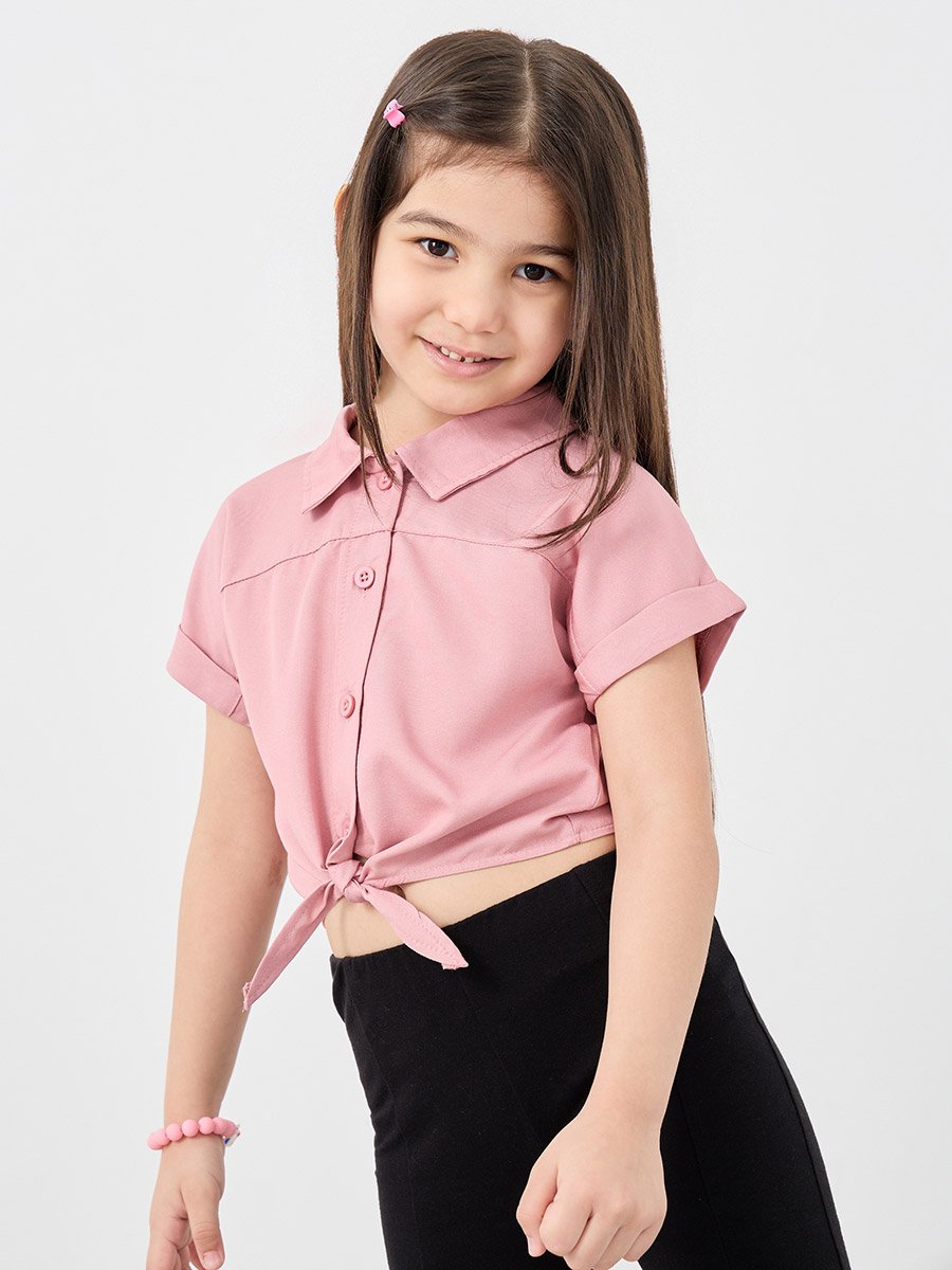 Buttoned Wait Tie Collared Crop Shirt