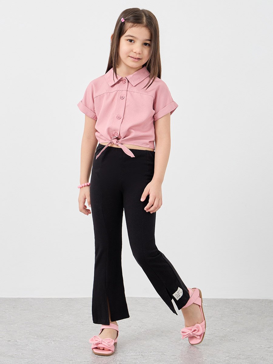 Buttoned Wait Tie Collared Crop Shirt