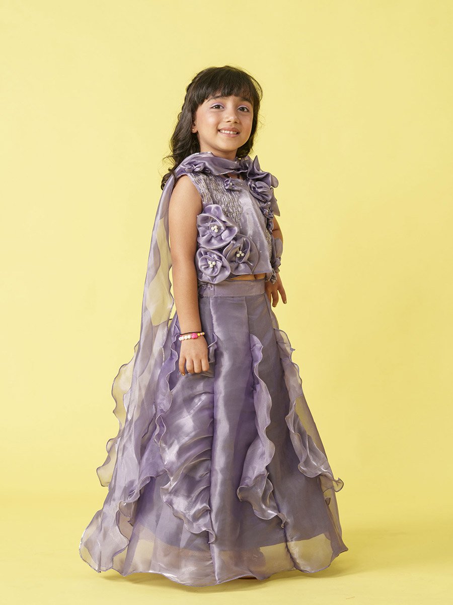 Embellished Ruffle Detail Sleeveless Top and Lehenga Set with Dupatta