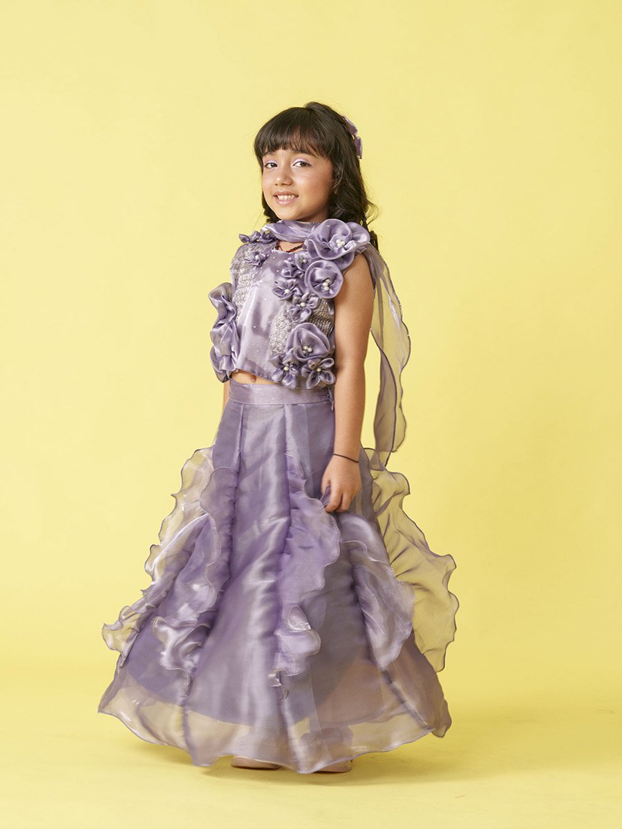 Embellished Ruffle Detail Sleeveless Top and Lehenga Set with Dupatta