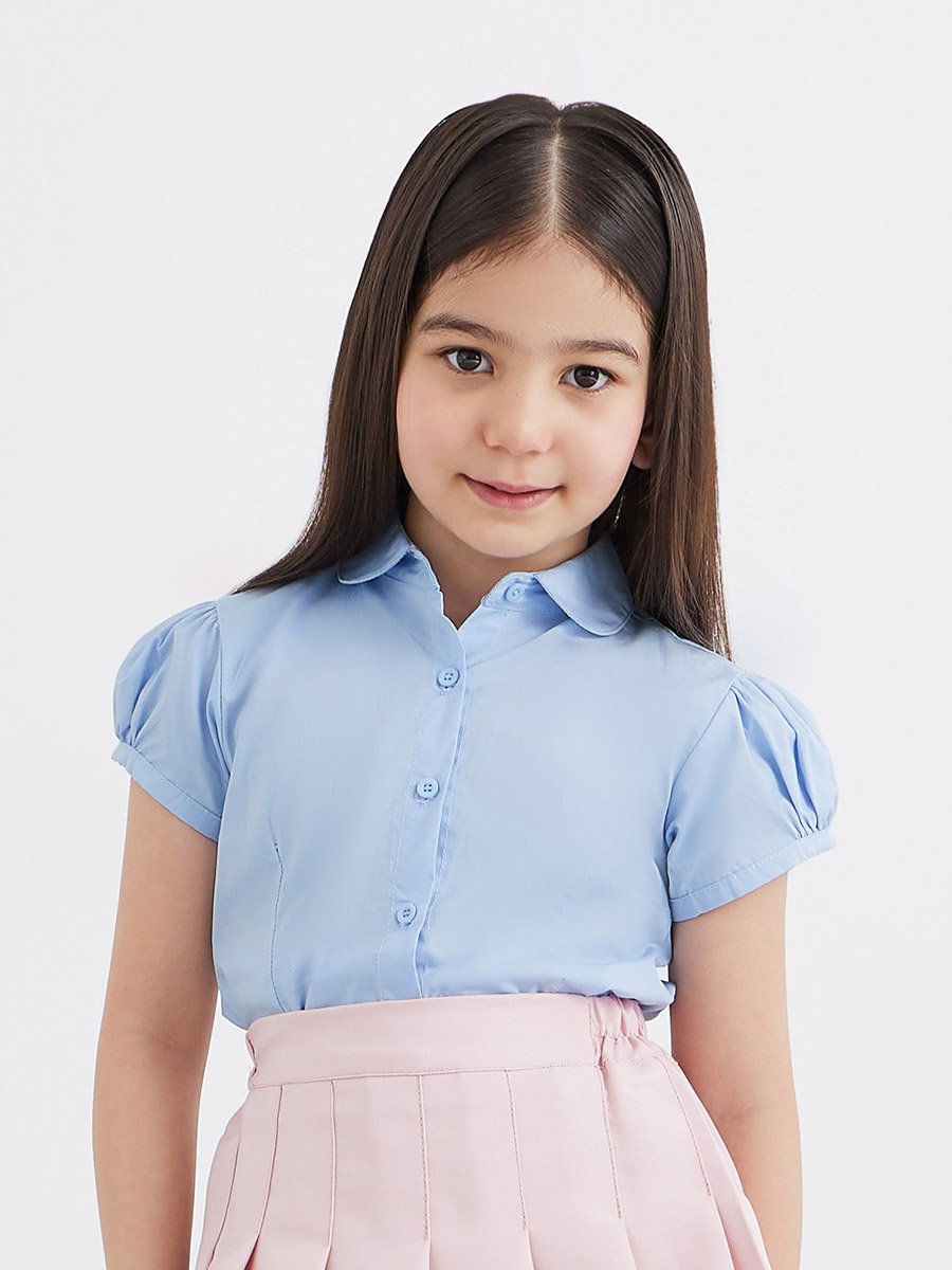 Girls Light Blue Cotton Puff Sleeves Shirt