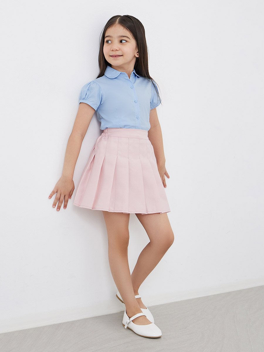 Girls Light Blue Cotton Puff Sleeves Shirt