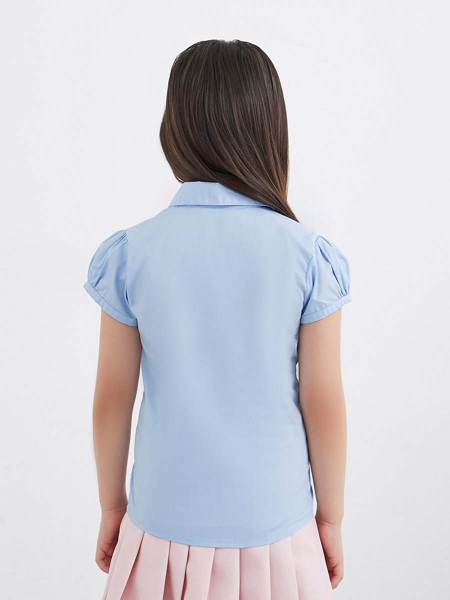 Girls Light Blue Cotton Puff Sleeves Shirt