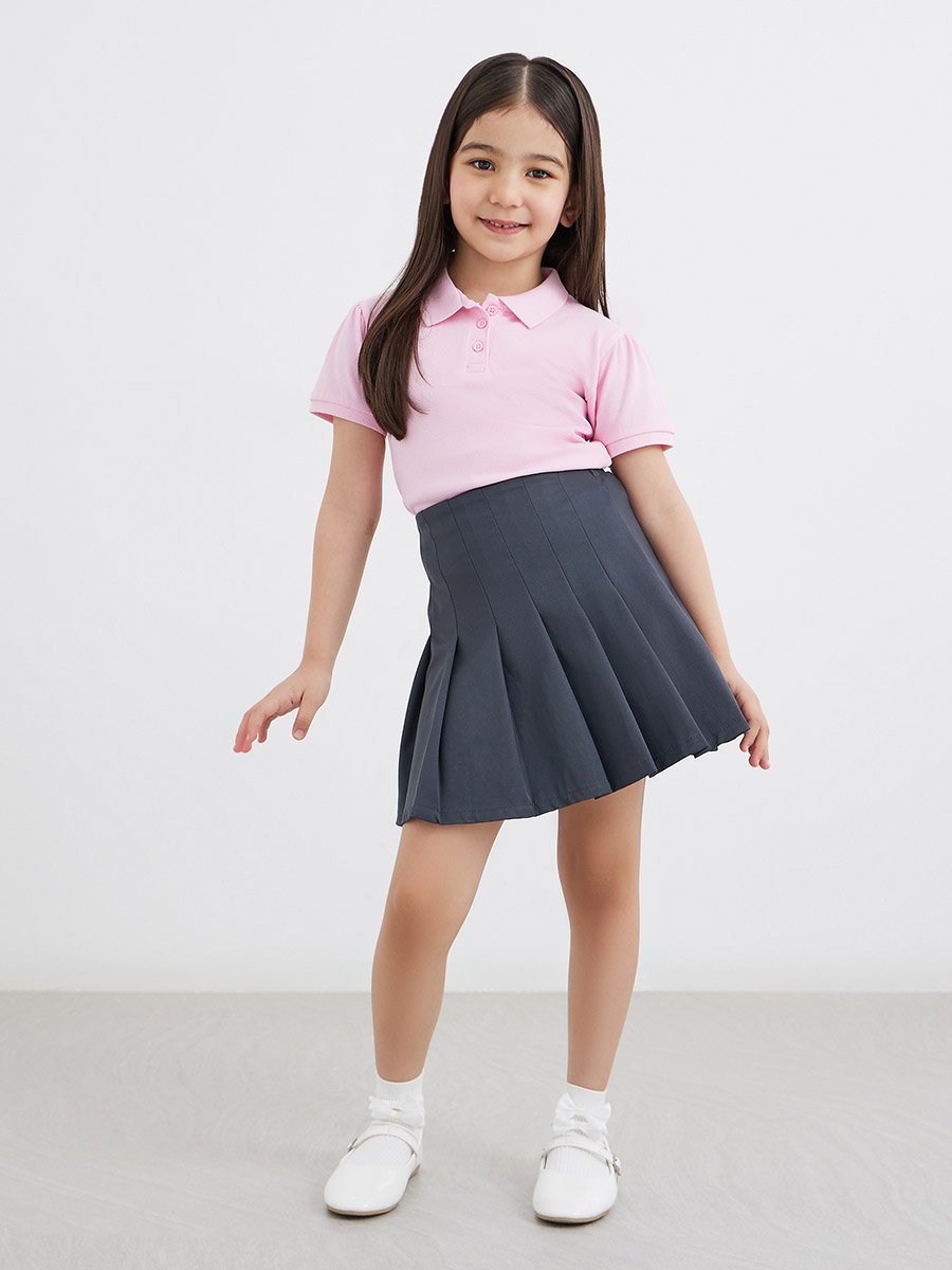 Girls Grey Pleated Skirt with Elastic Waist