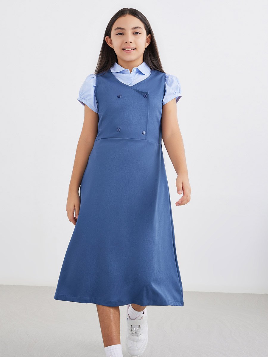 Girls Navy Blue V Neck Button Detail Pinafore Dress