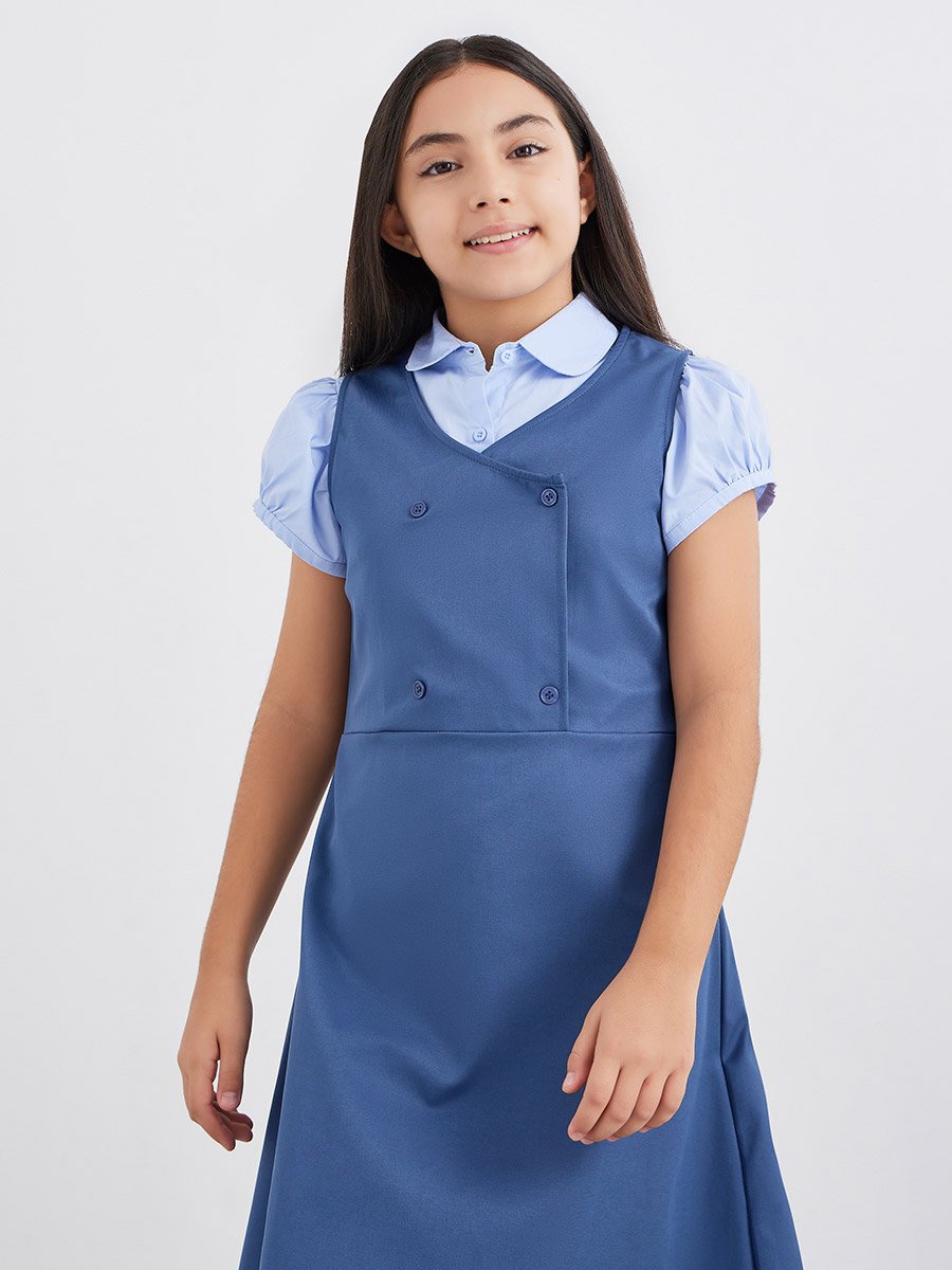Girls Navy Blue V Neck Button Detail Pinafore Dress