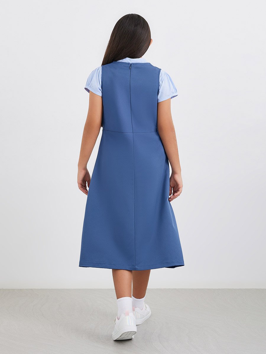 Girls Navy Blue V Neck Button Detail Pinafore Dress