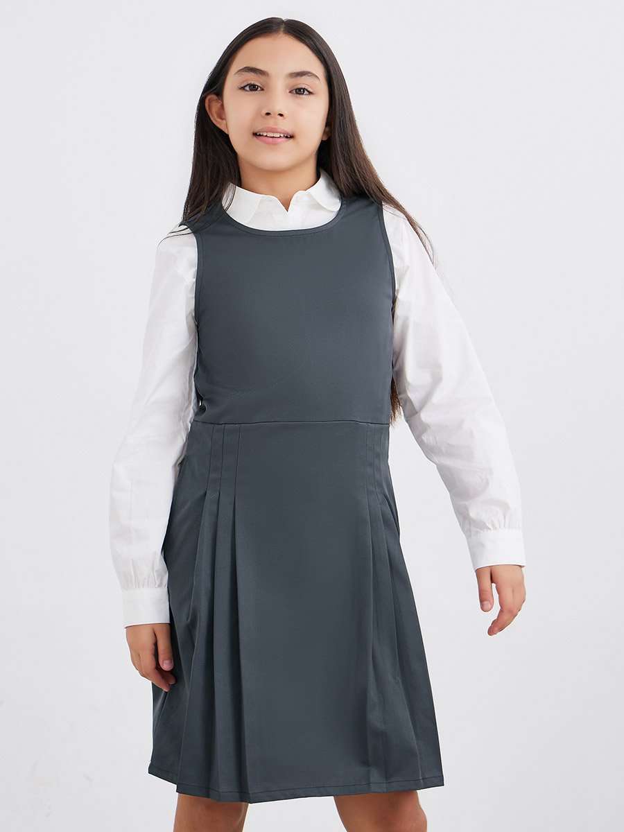 Girls Grey Fold Pleat Detail Pinafore Dress