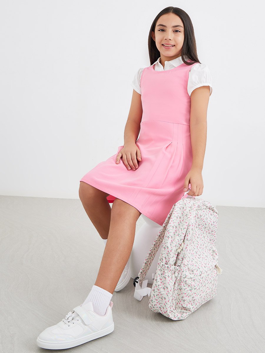 Girls Pink Fold Pleat Detail Pinafore Dress For Kids at UAE | Styli