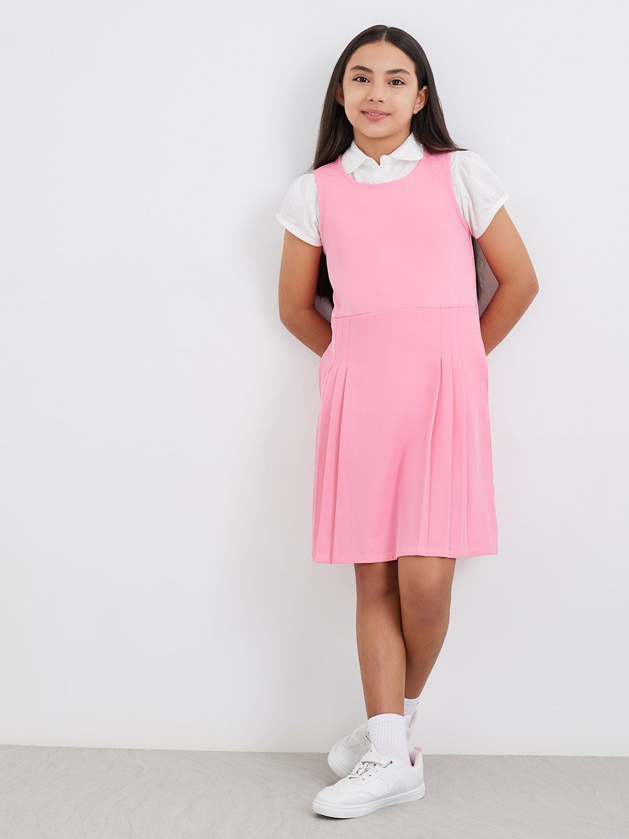 Girls Pink Fold Pleat Detail Pinafore Dress