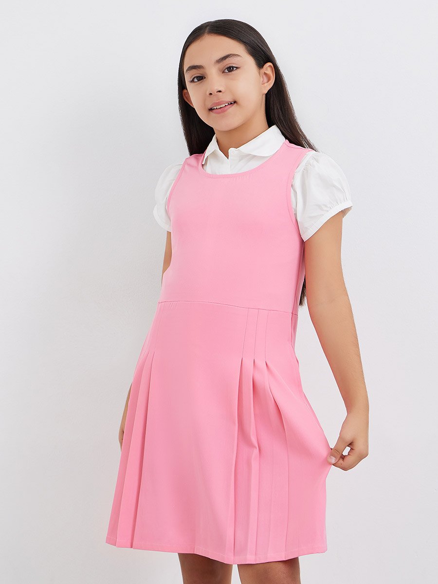 Girls Pink Fold Pleat Detail Pinafore Dress