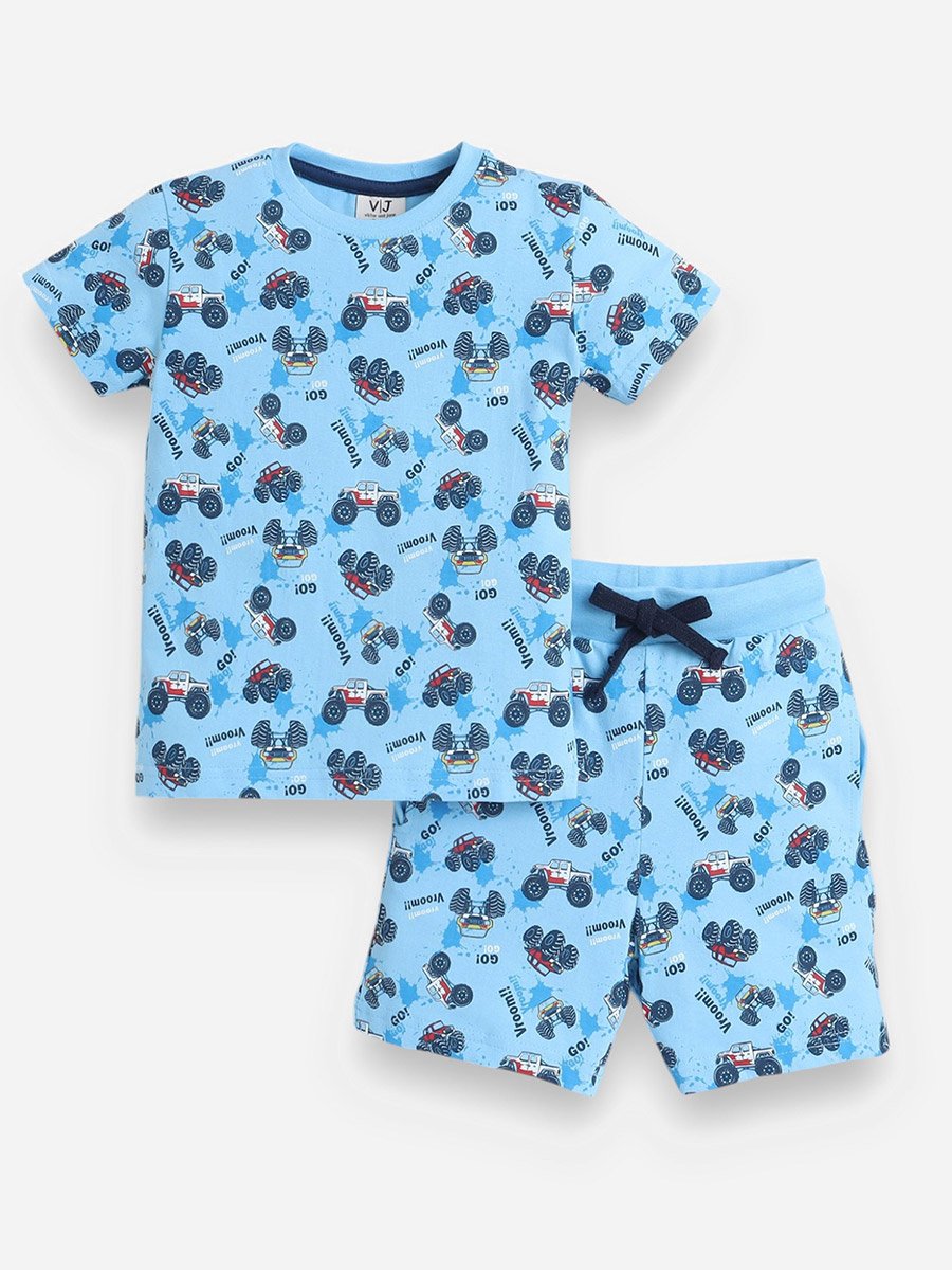 All-Over Printed Cotton T-Shirt and Shorts Set