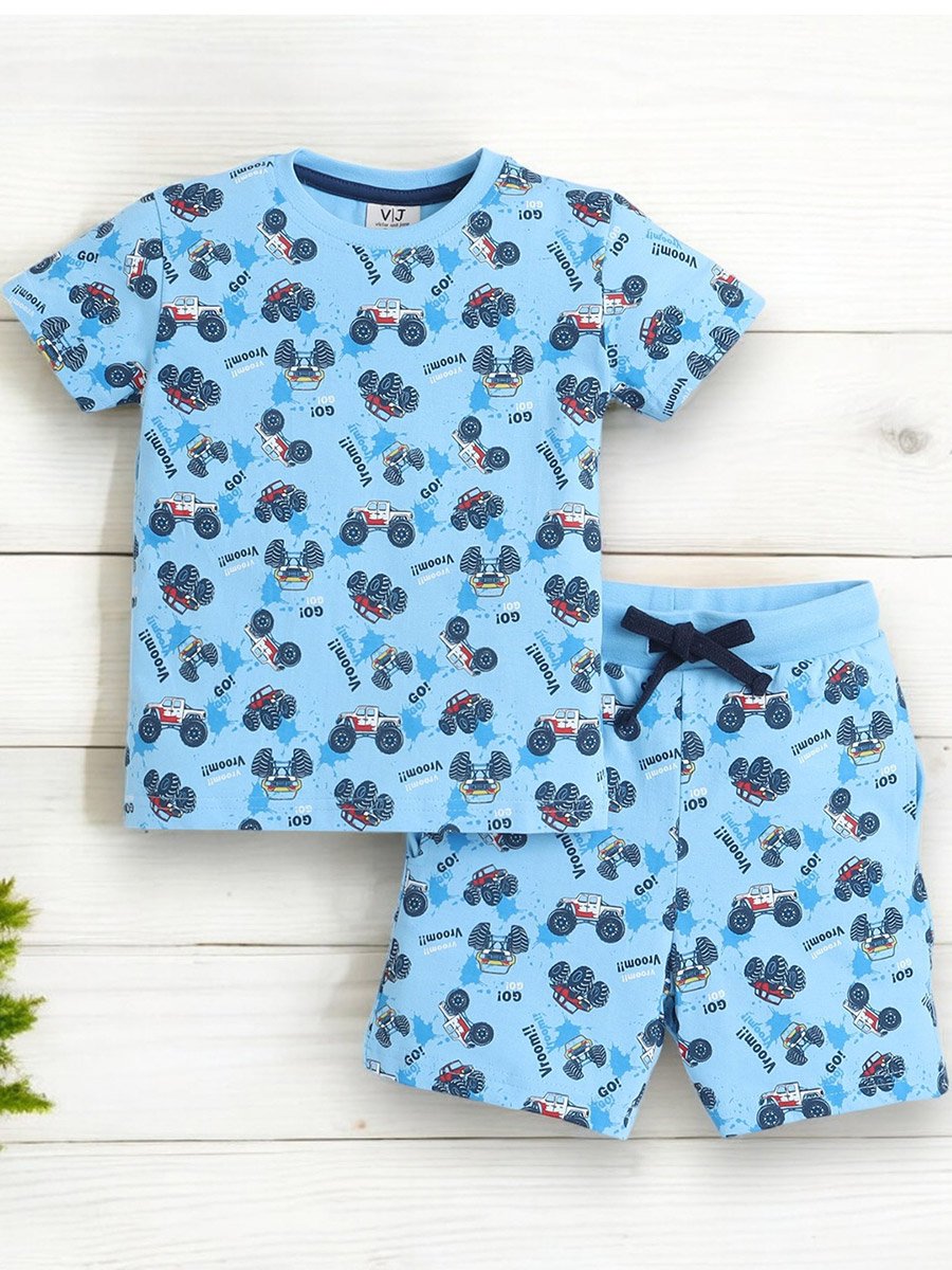 All-Over Printed Cotton T-Shirt and Shorts Set