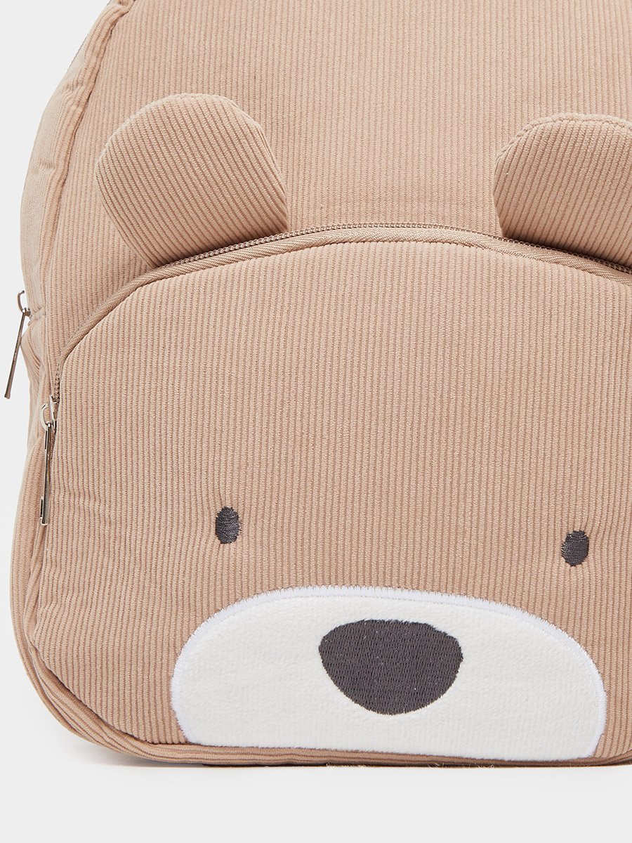 Boys Beige Corduroy Bear Backpack 24x31x10cm