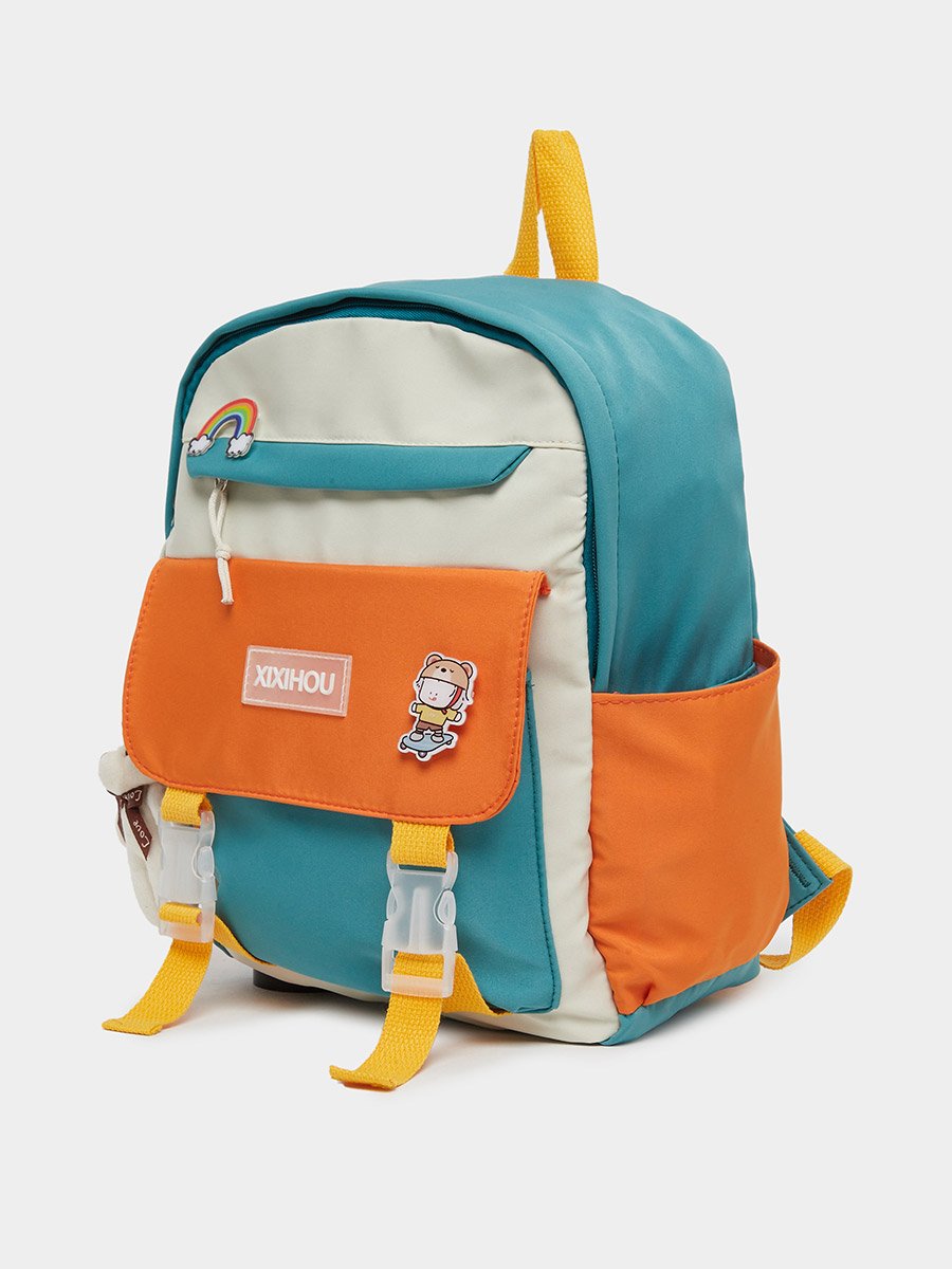 Color Block Backpack with Buckle Strap 27x35x11.5cm