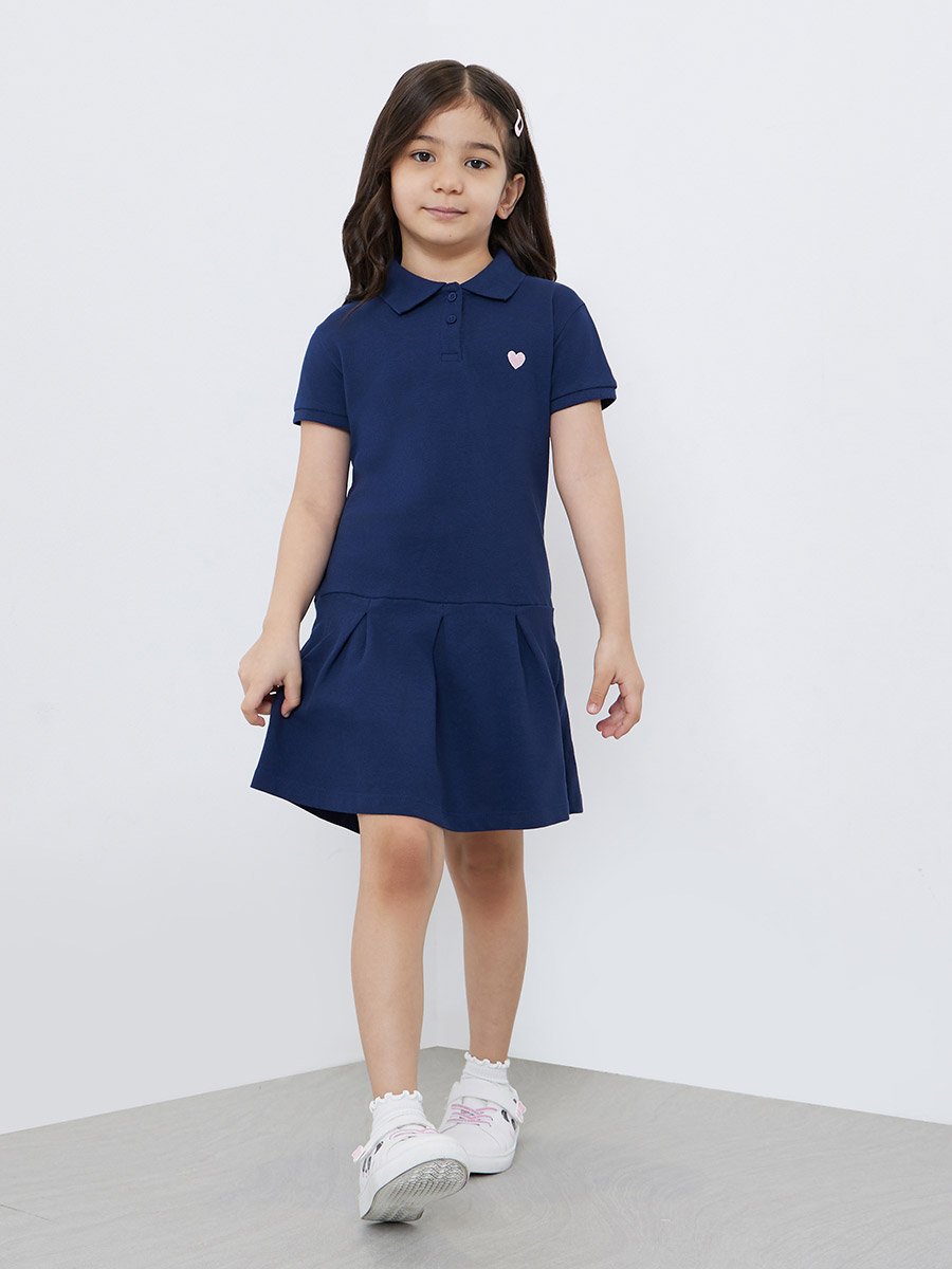 Girls Navy Blue Heart Embroidered Detail Polo Dress