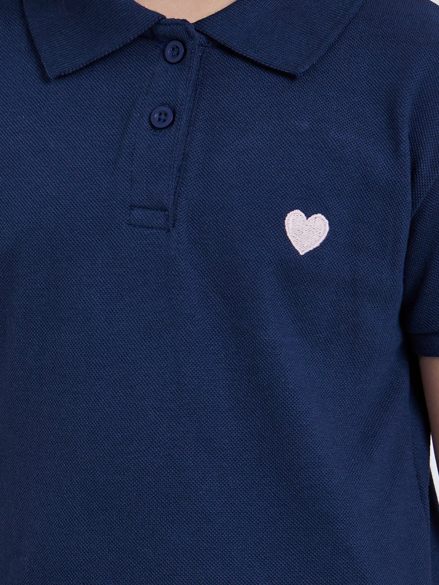 Girls Navy Blue Heart Embroidered Detail Polo Dress