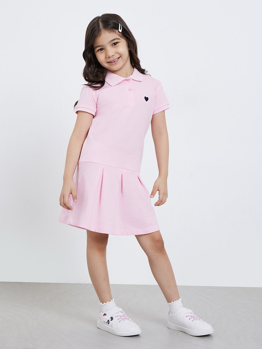Girls Pink Heart Embroidered Detail Polo Dress
