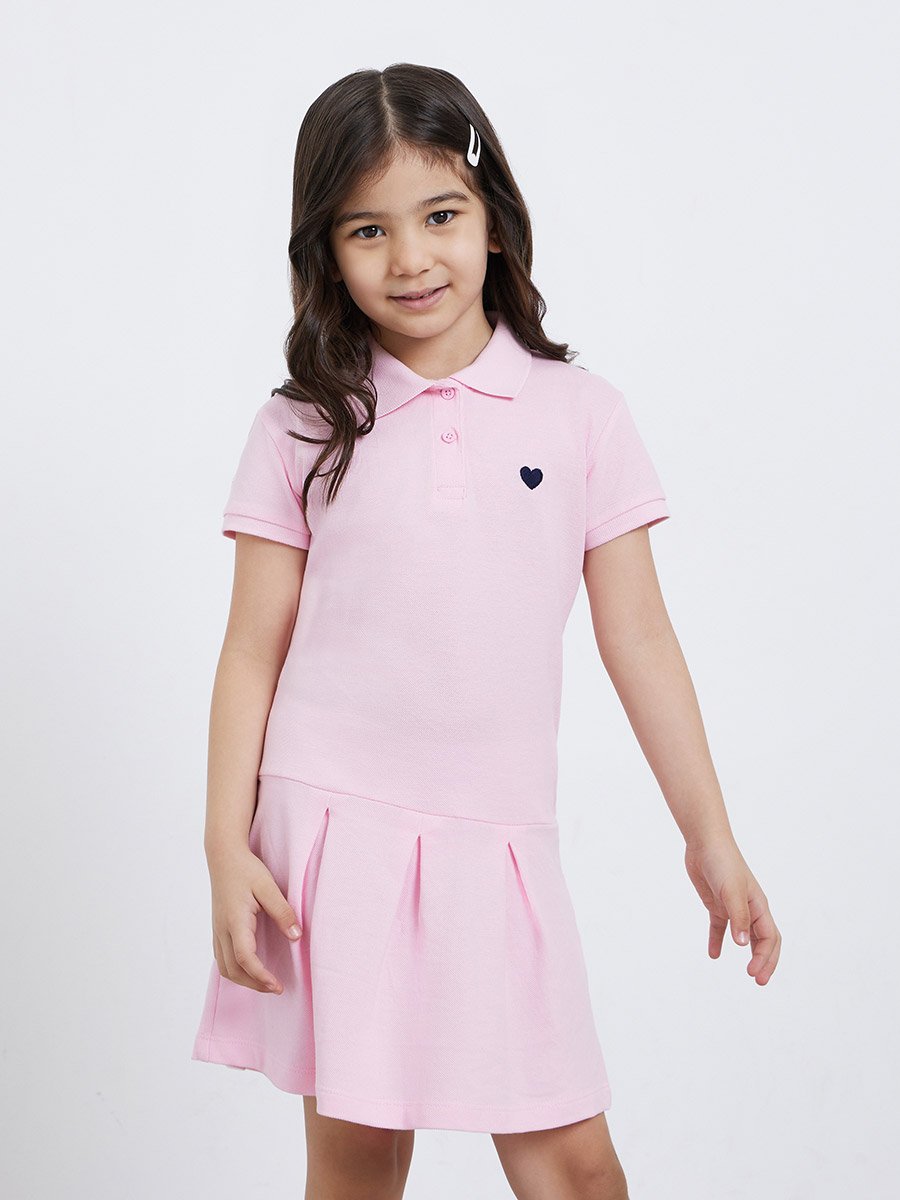 Girls Pink Heart Embroidered Detail Polo Dress