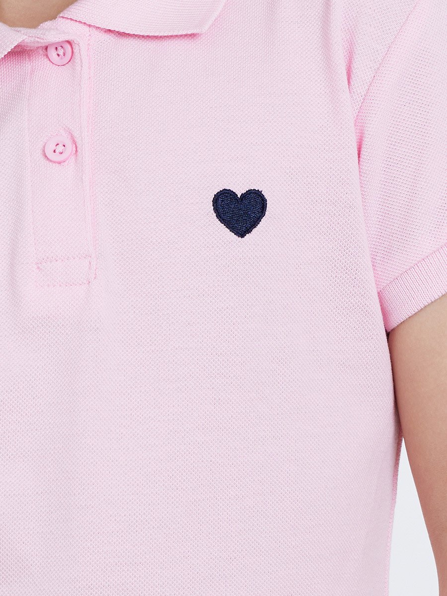 Girls Pink Heart Embroidered Detail Polo Dress