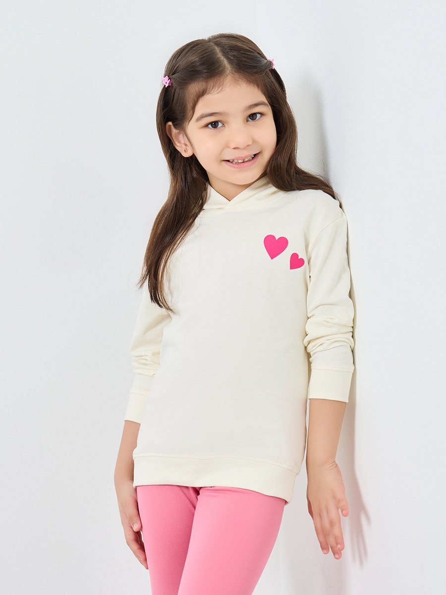 Girls Off White Heart Print Hoodie