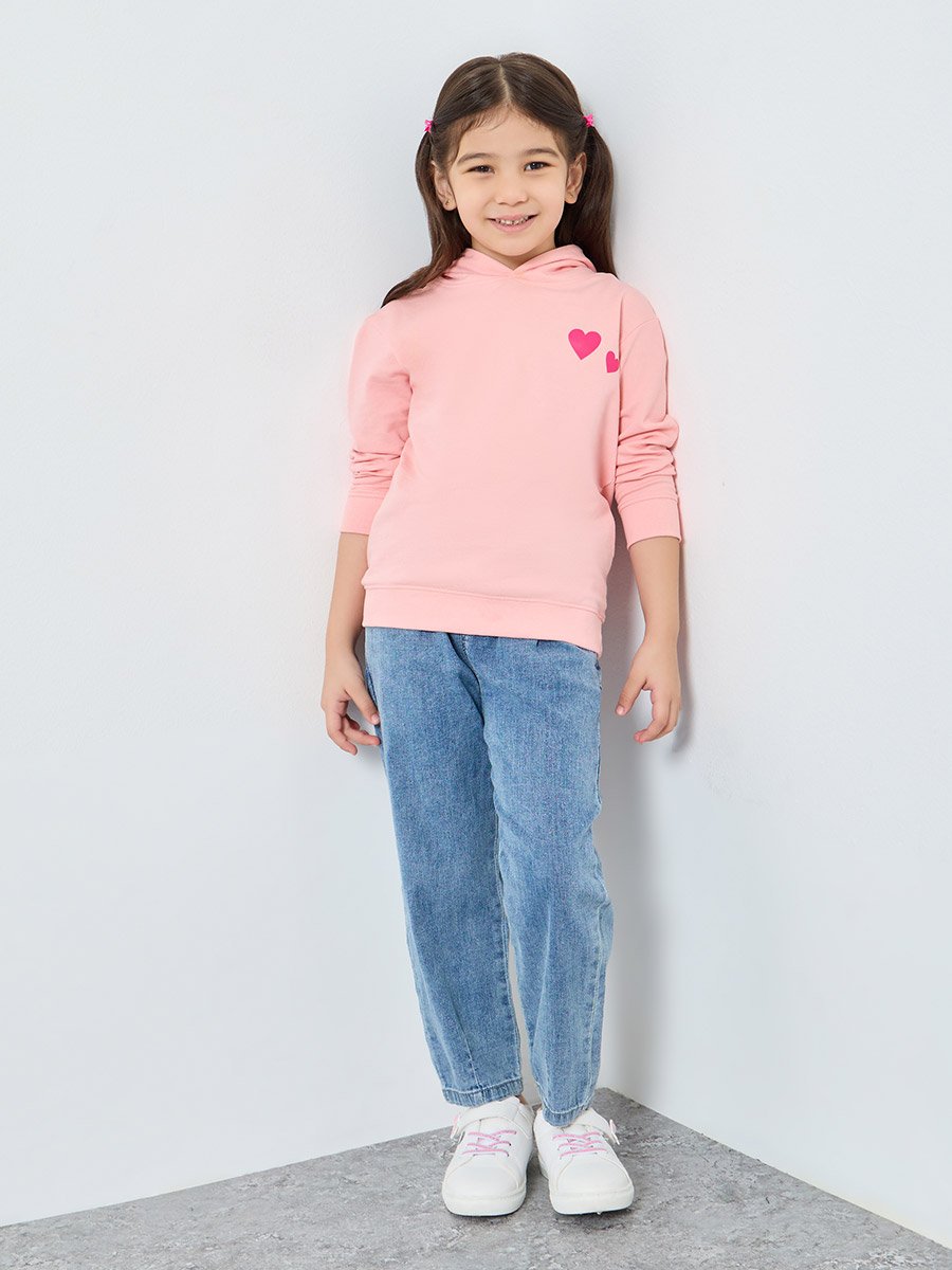 Girls Pink Heart Print Hoodie