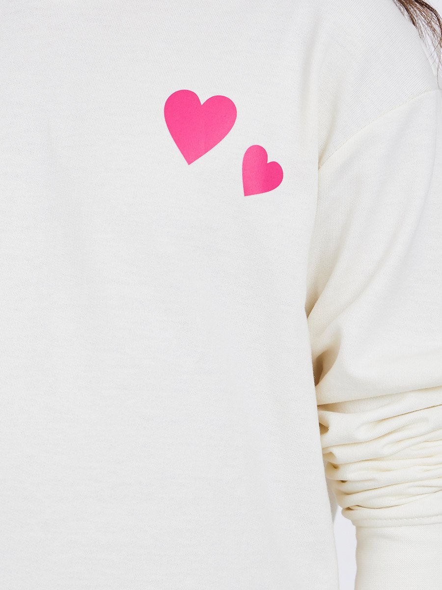 Teens Off White Relaxed Fit Heart Print Hoodie