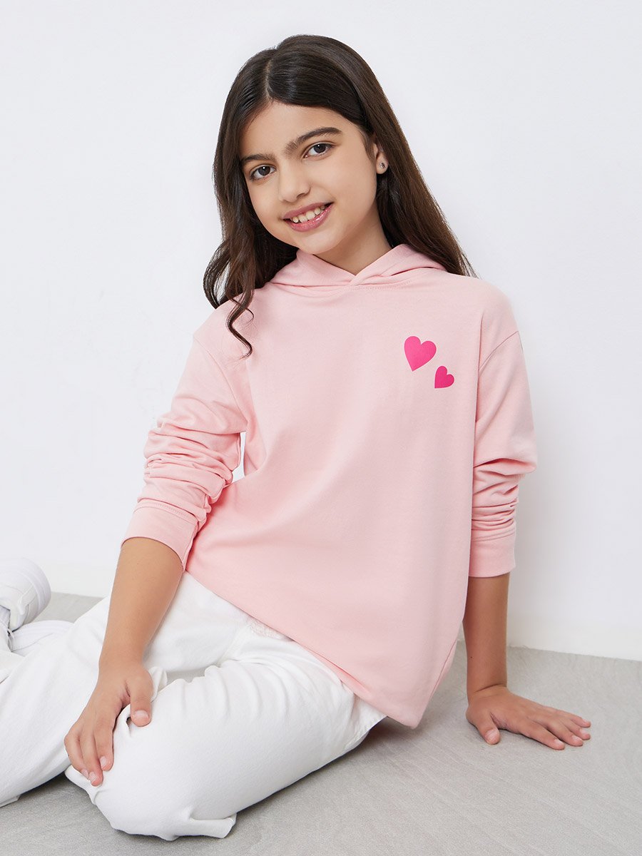 Teens Green Relaxed Fit Heart Print Hoodie