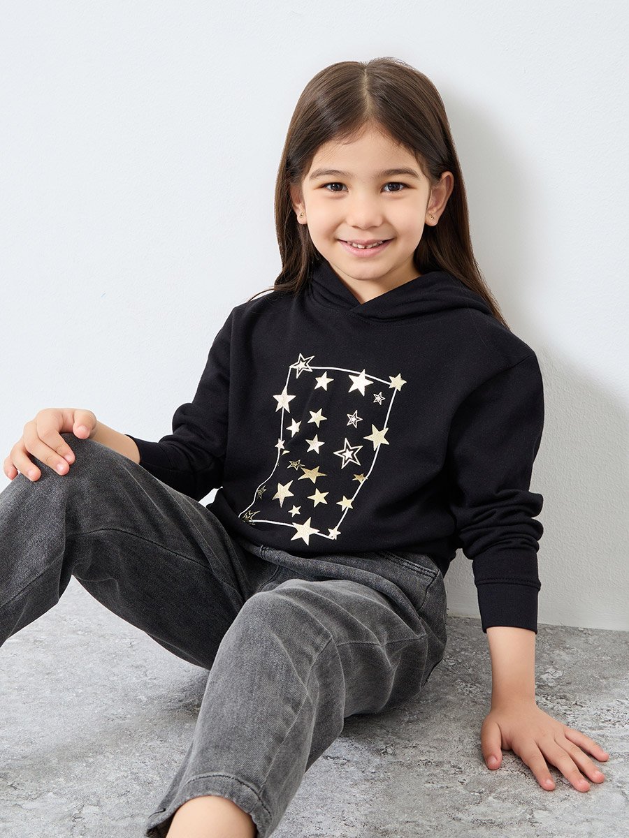 Girls Black Graphic Star Hoodie