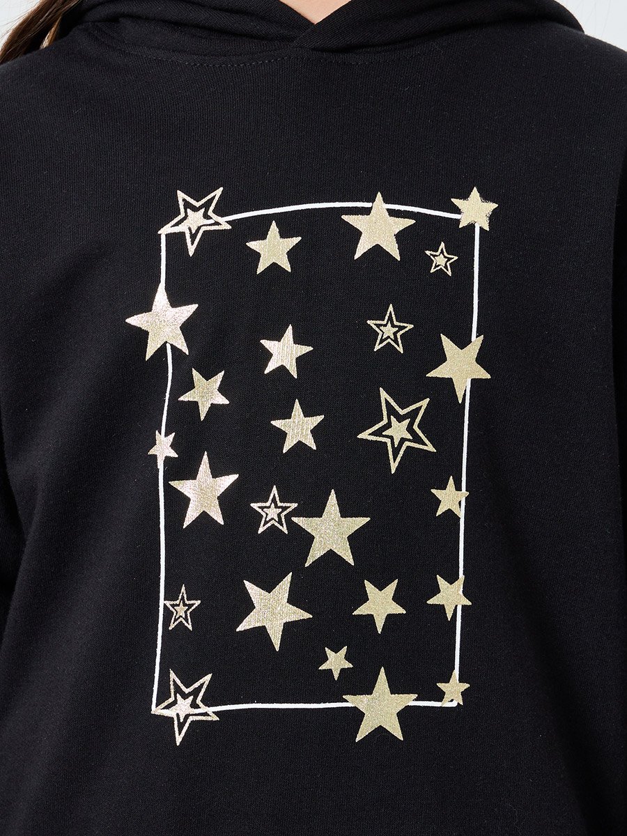 Girls Black Graphic Star Hoodie