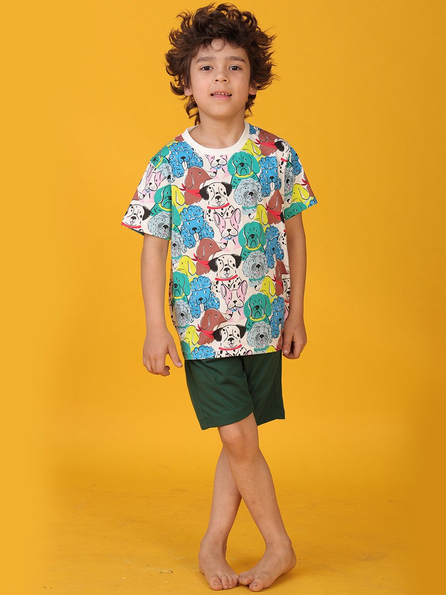 All-Over Dog Print Short Sleeve T-Shirt and Shorts Set