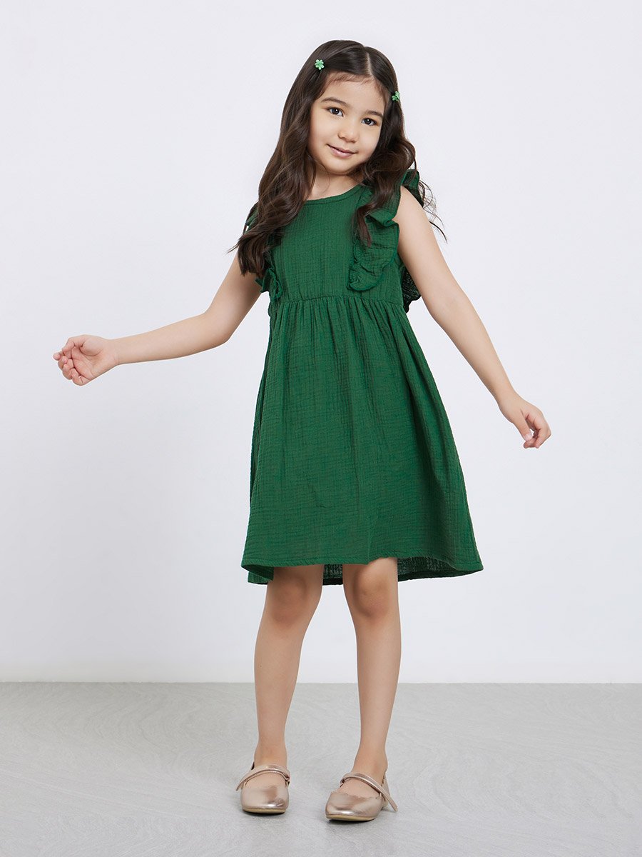 Girls Dark Green Ruffled Panel Textured Dress For Kids at Kuwait | Styli