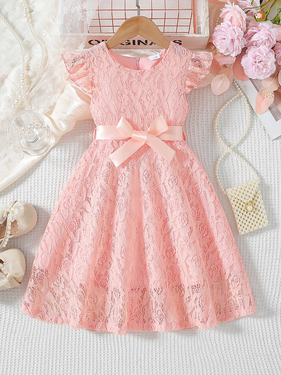 Lace Ruffled Sleeve Bow Detail Knee Length Dress