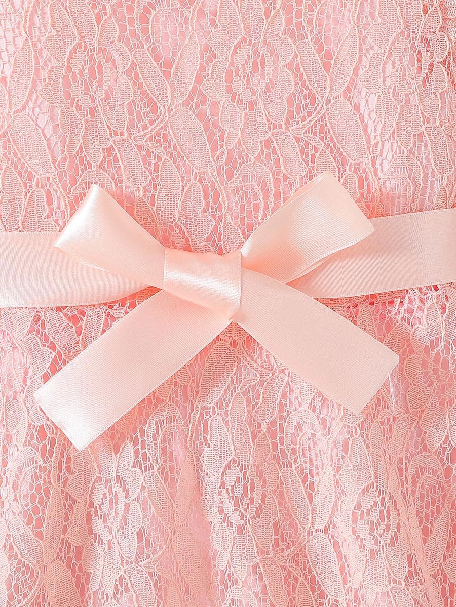 Lace Ruffled Sleeve Bow Detail Knee Length Dress