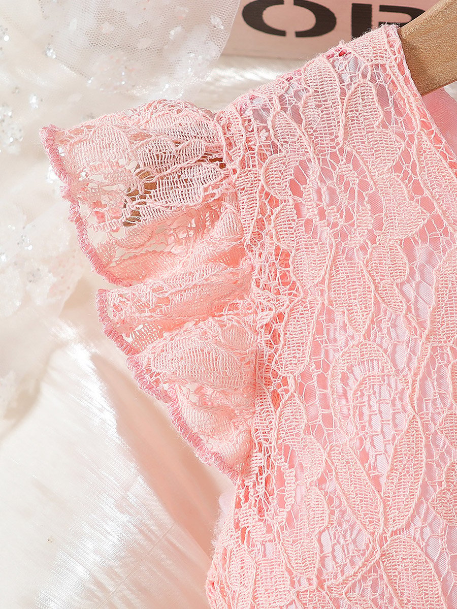 Lace Ruffled Sleeve Bow Detail Knee Length Dress