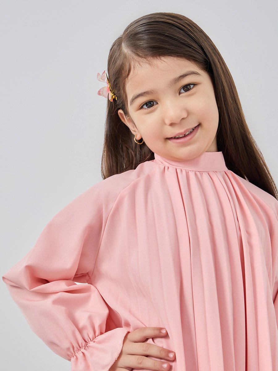 High Neck Pleated Dress with Bow Detail