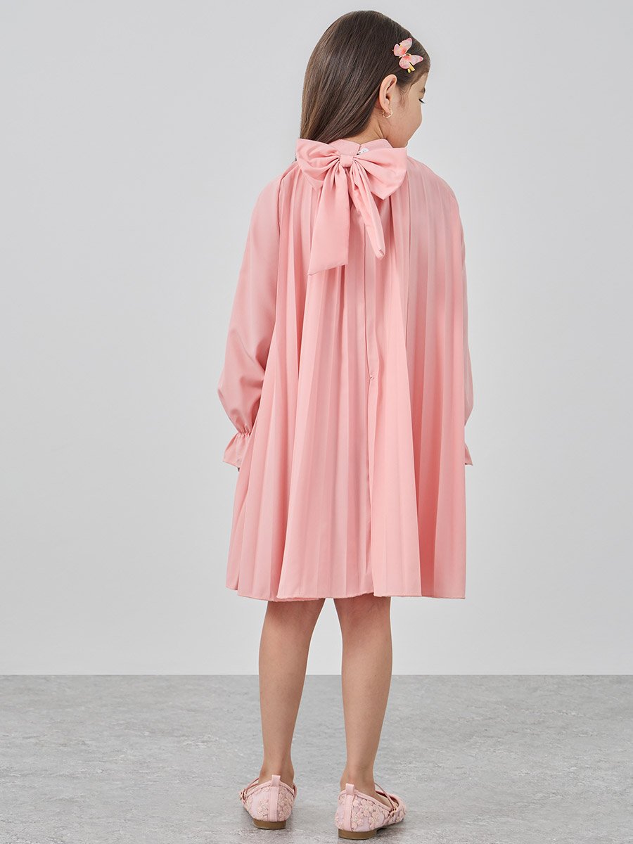 High Neck Pleated Dress with Bow Detail