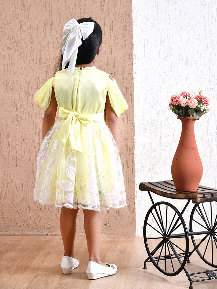 Embellished Lace Detail Knee-Length Dress with Bow Detail