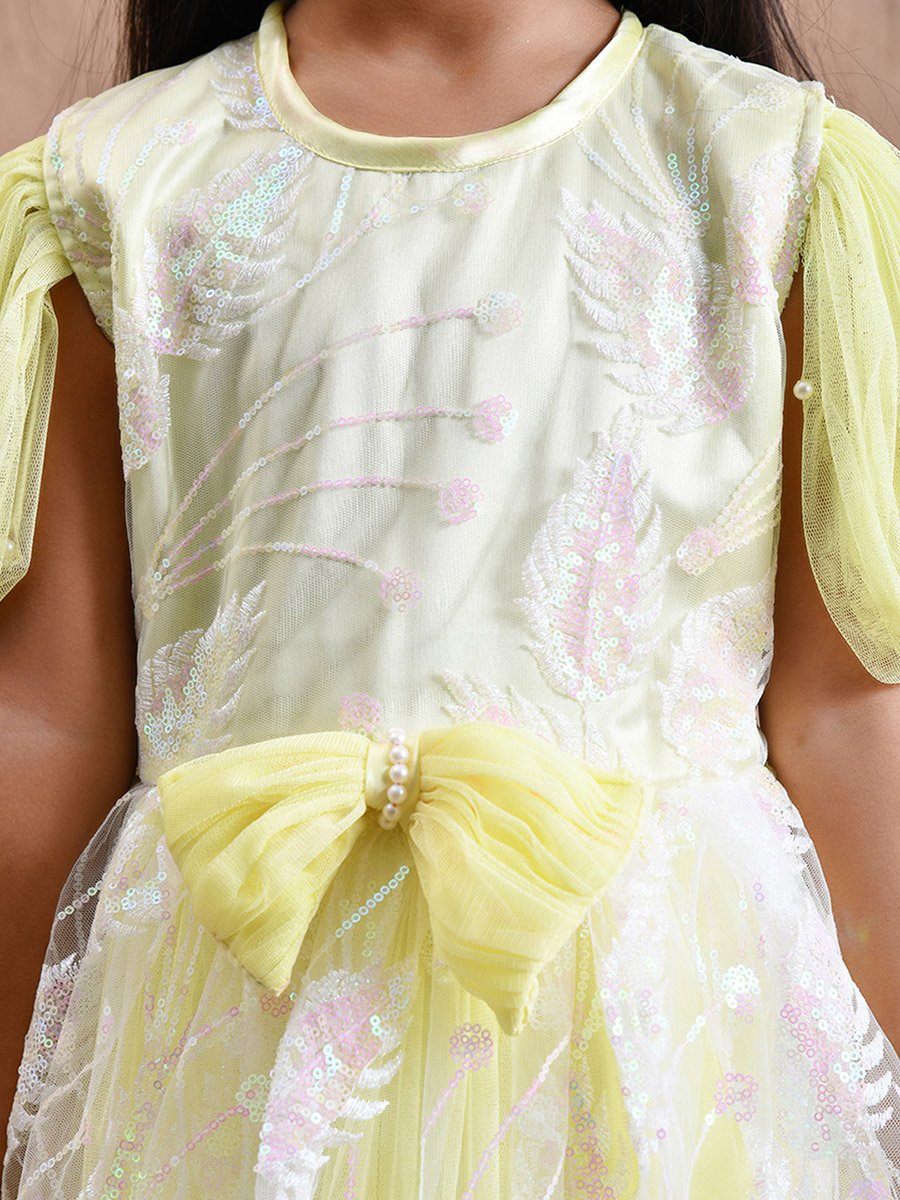 Embellished Lace Detail Knee-Length Dress with Bow Detail