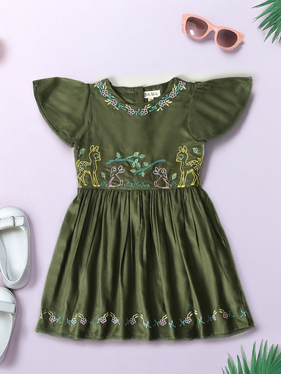 Embroidered Ruffled Sleeve Knee-Length Dress