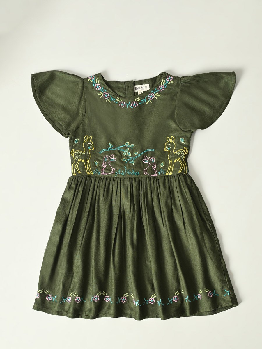 Embroidered Ruffled Sleeve Knee-Length Dress