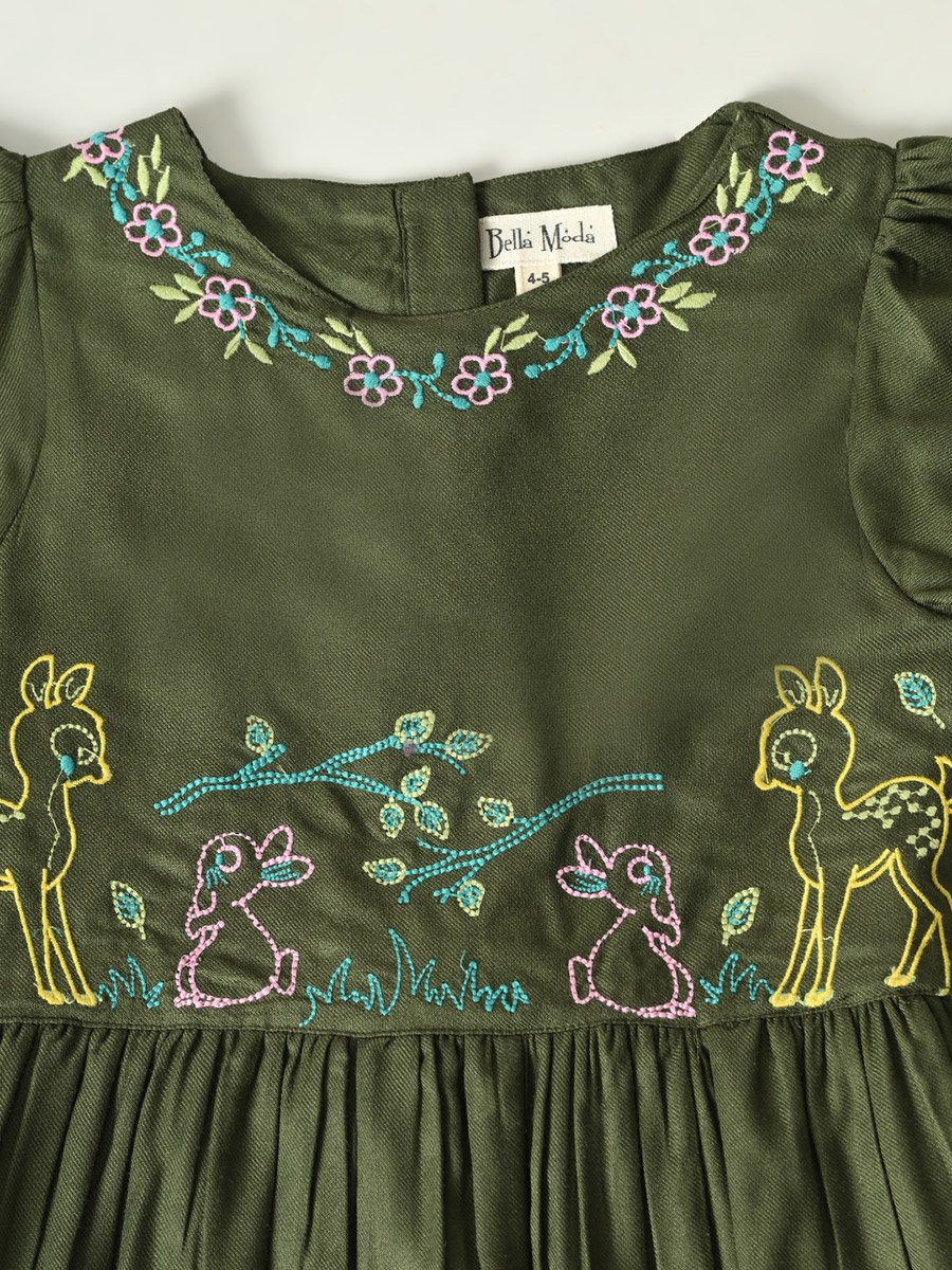 Embroidered Ruffled Sleeve Knee-Length Dress