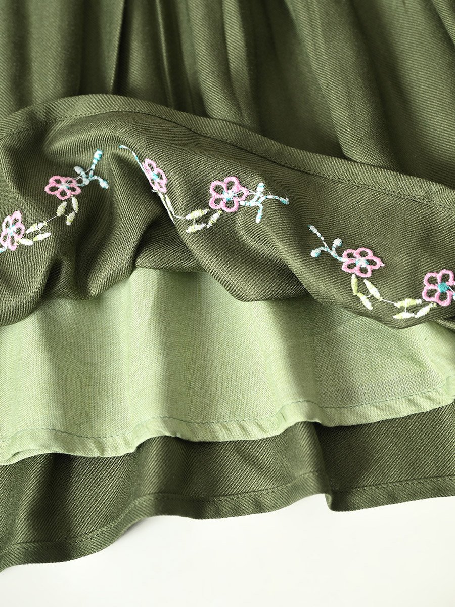 Embroidered Ruffled Sleeve Knee-Length Dress