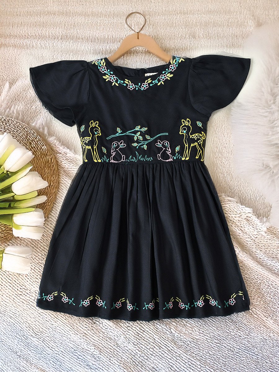 Embroidered Ruffled Sleeve Knee-Length Dress