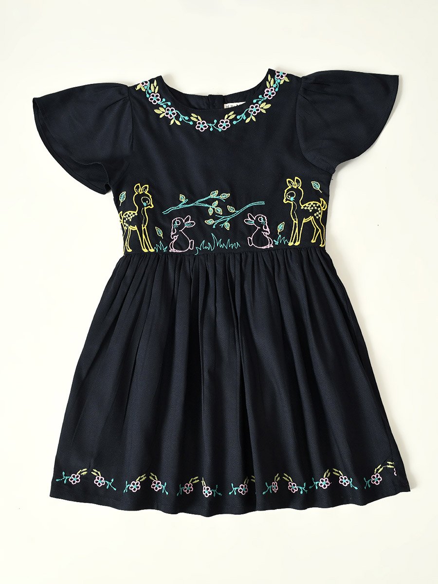 Embroidered Ruffled Sleeve Knee-Length Dress