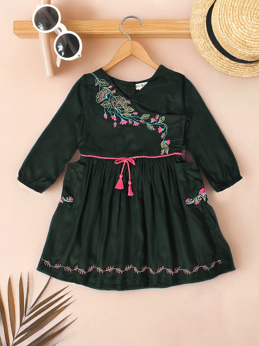Floral Embroidered Wrap Knee-Length Dress