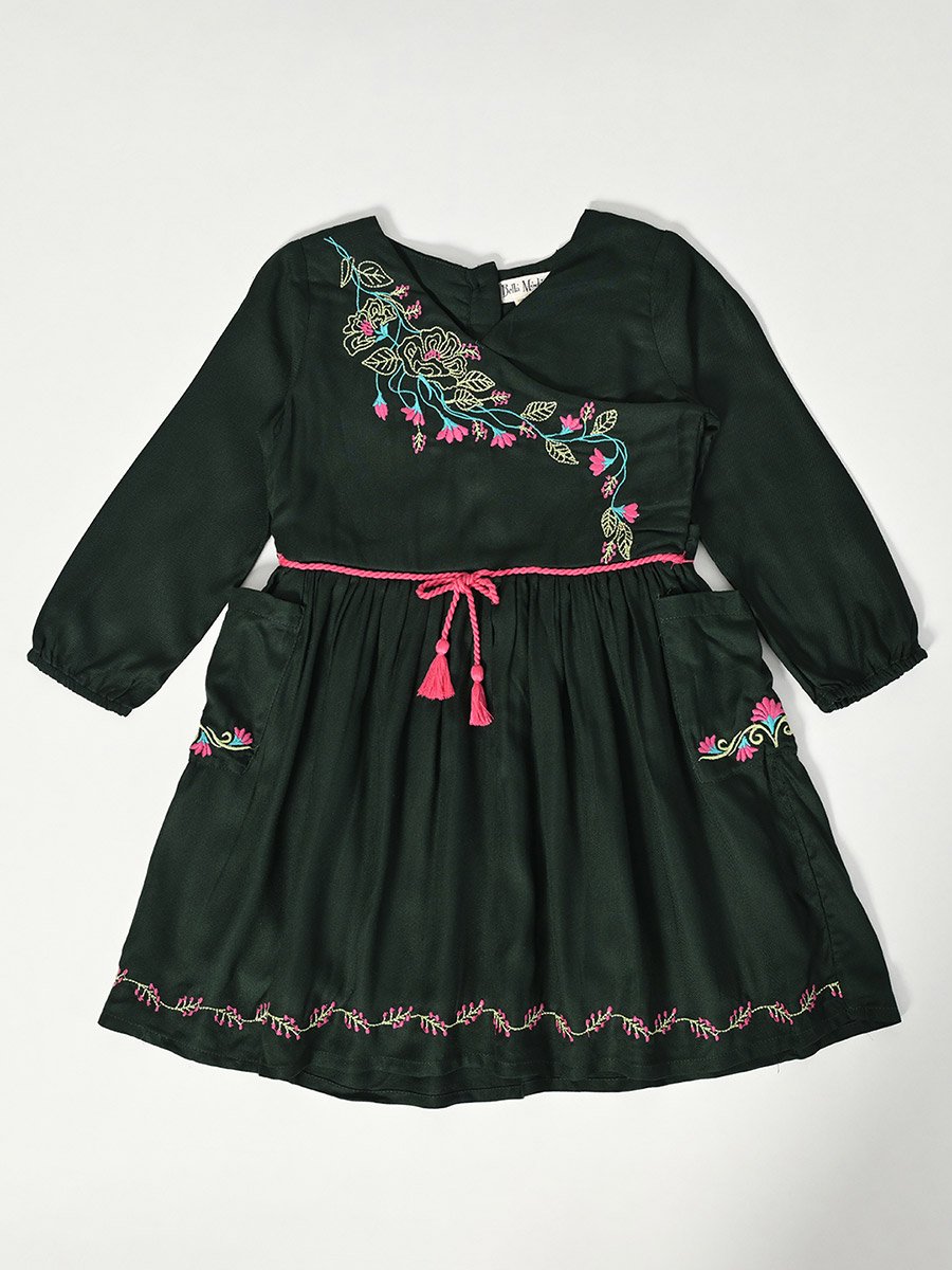 Floral Embroidered Wrap Knee-Length Dress