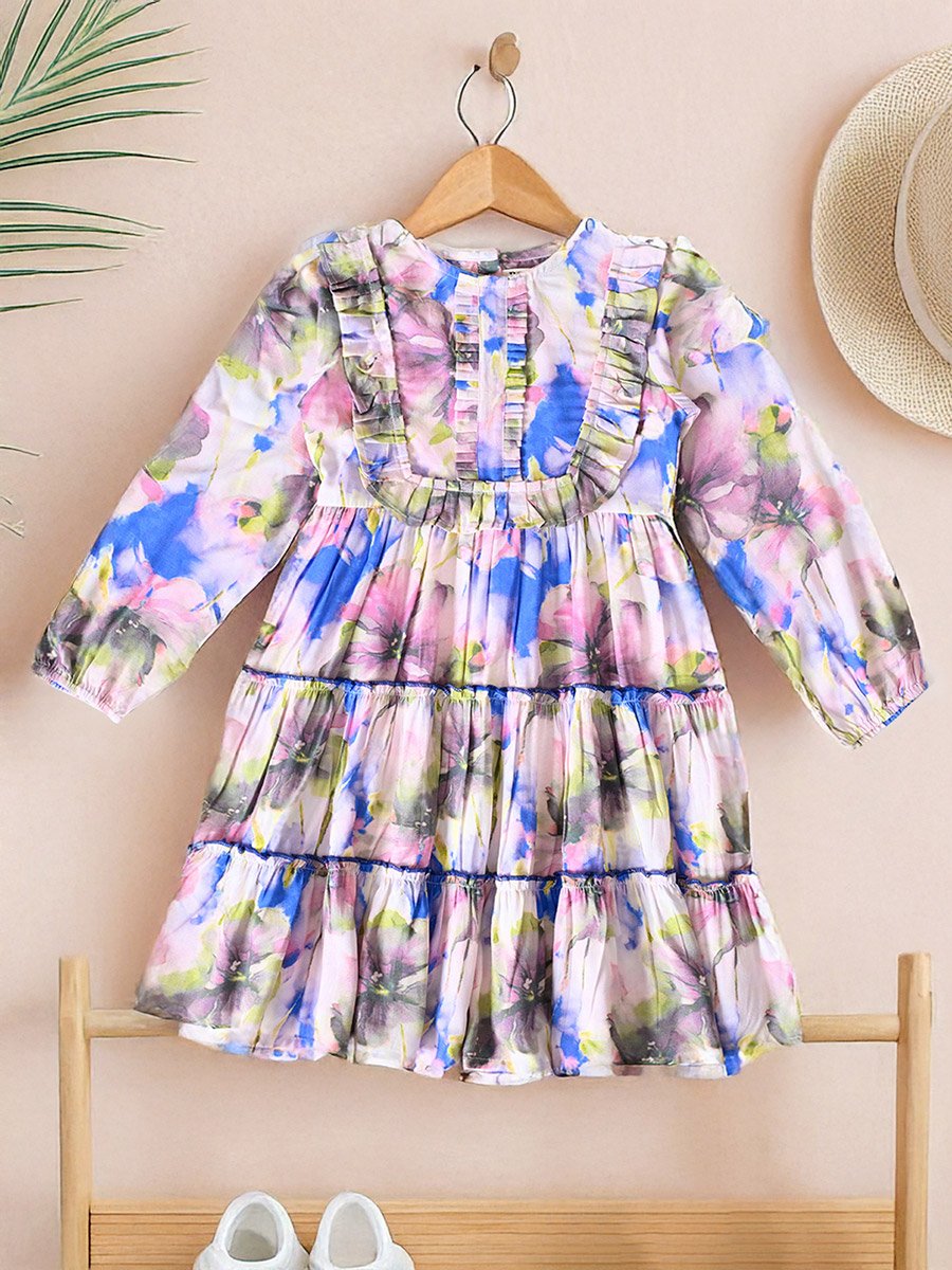 Floral Print Buttoned Tiered Knee-Length Dress