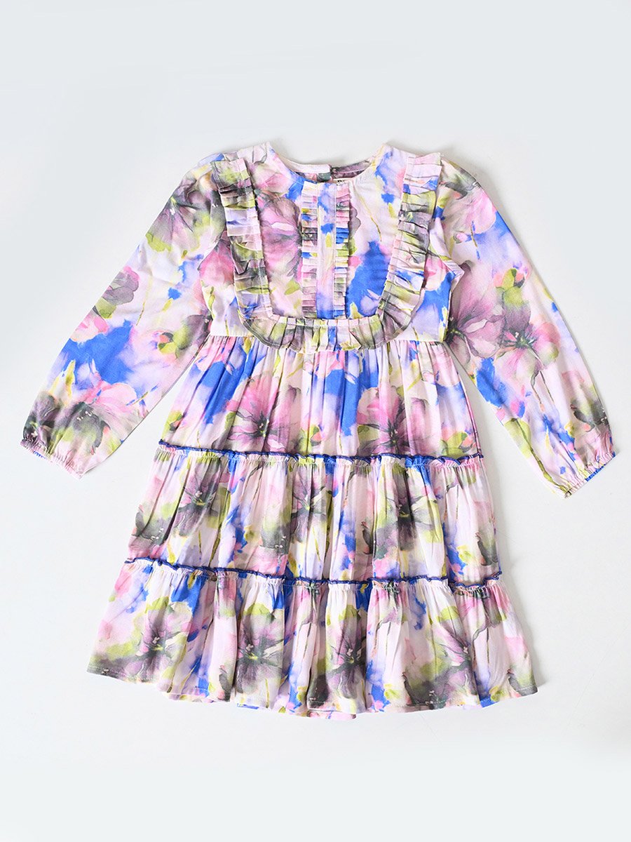 Floral Print Buttoned Tiered Knee-Length Dress