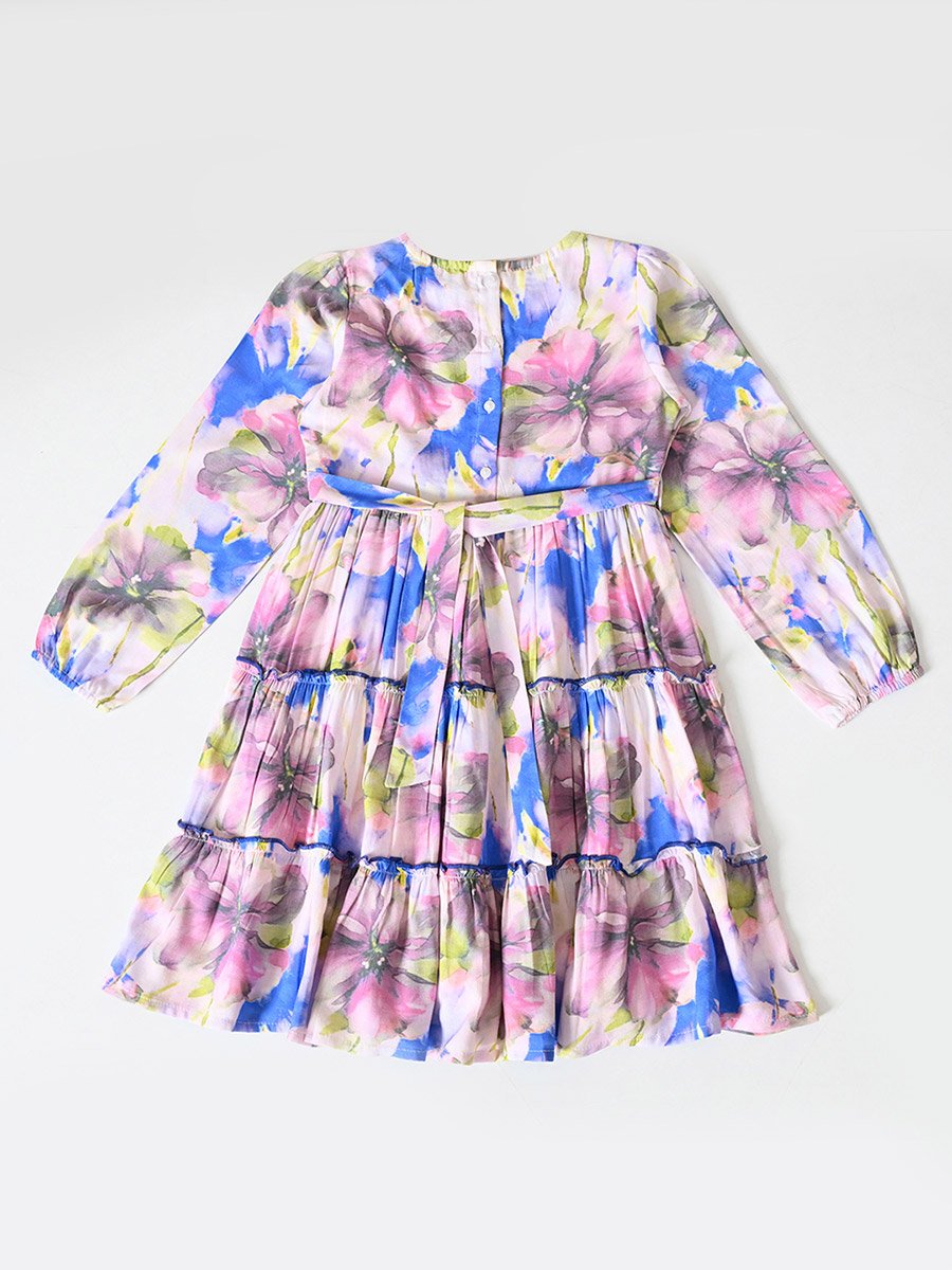 Floral Print Buttoned Tiered Knee-Length Dress
